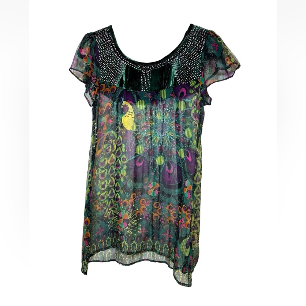 Vintage Custo Barcelona Silk Tunic Top Size 2 or S Burnt Velvet Peacock Sheer - Picture 3 of 4